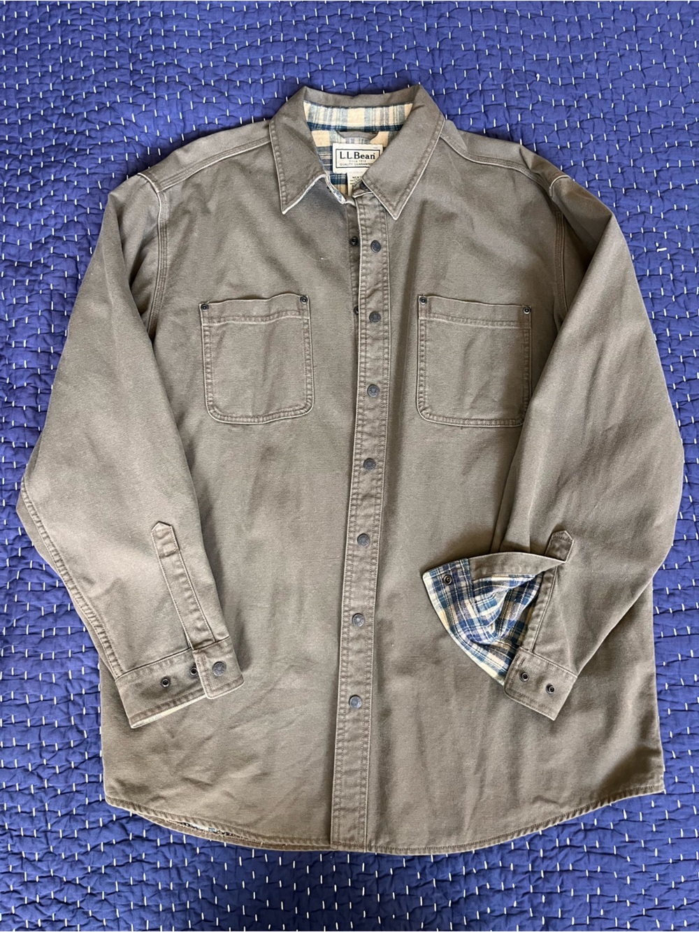 L.L. Bean Canvas Snap Button Down with Flannel Plaid Lining